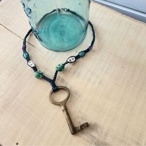 Handmade Multicolor Skull & Antique Brass Key Necklace Men Women Unisex